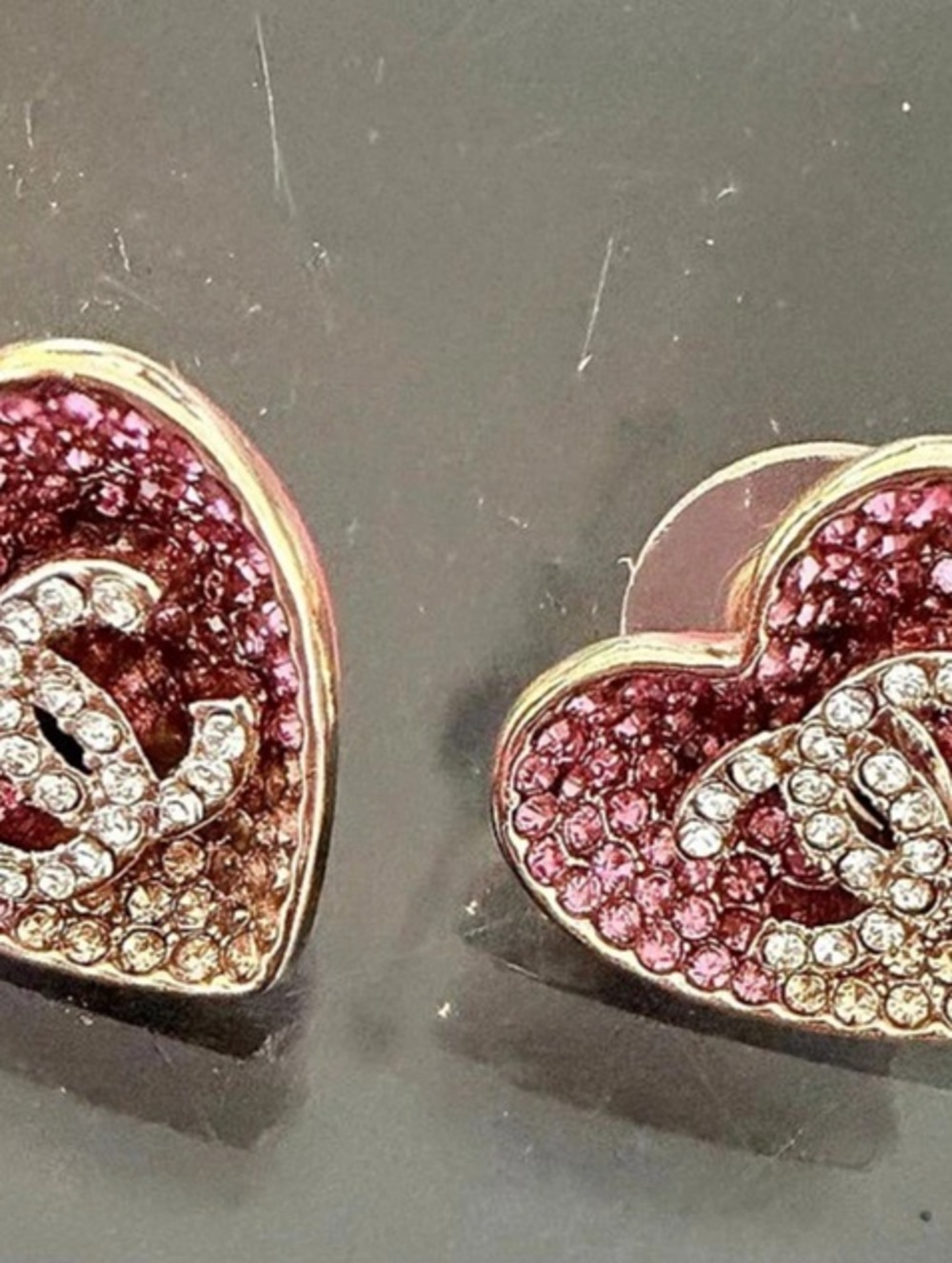 Chanel Pink Ombré Heart CC Crystal Earrings